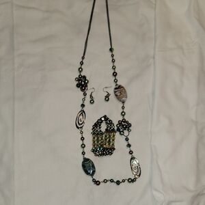 Handmade Green Beaded Pendant Necklace, Bracelet and Earring Set